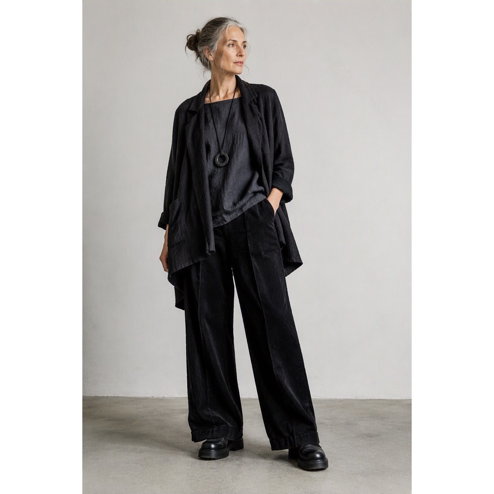 Piombo Black Corduroy Lagenlook Straight Leg Trousers Cotton High Rise Womens 6